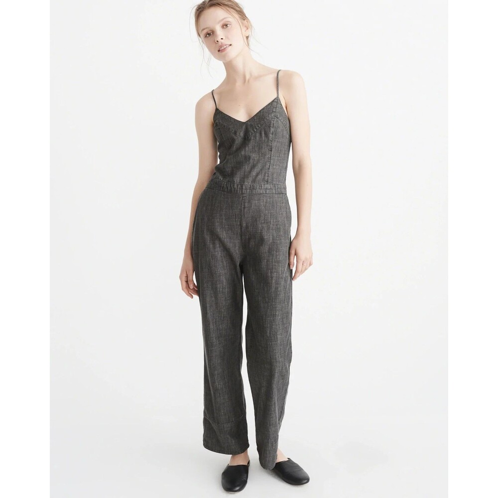 Abercrombie Fitch Denim Jumpsuit 2 Bow Back Strappy Washed Gray Chic Edgy